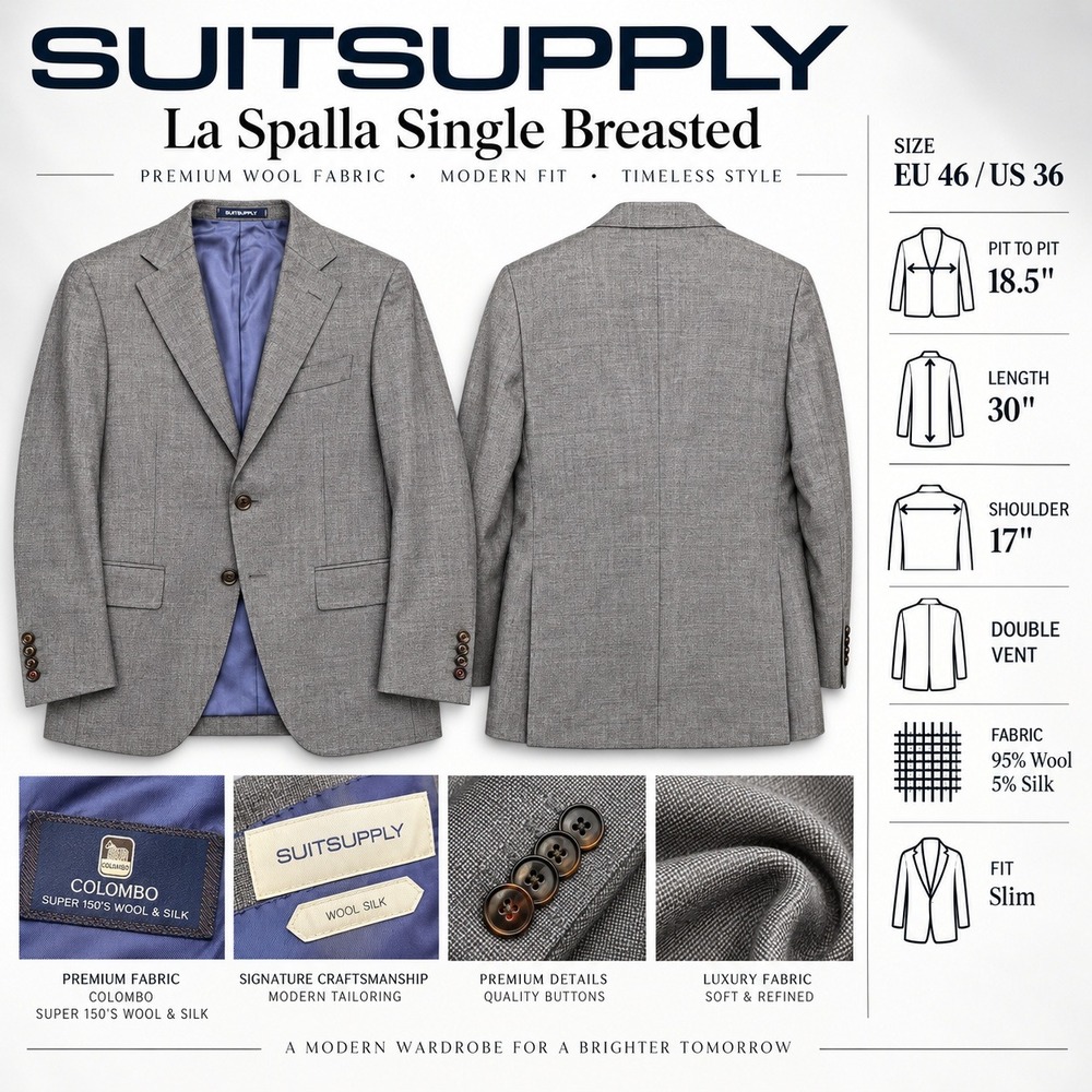 Suitsupply La Spalla Colombo Super 150s Wool Silk Blazer Grey Slim 36R IT46